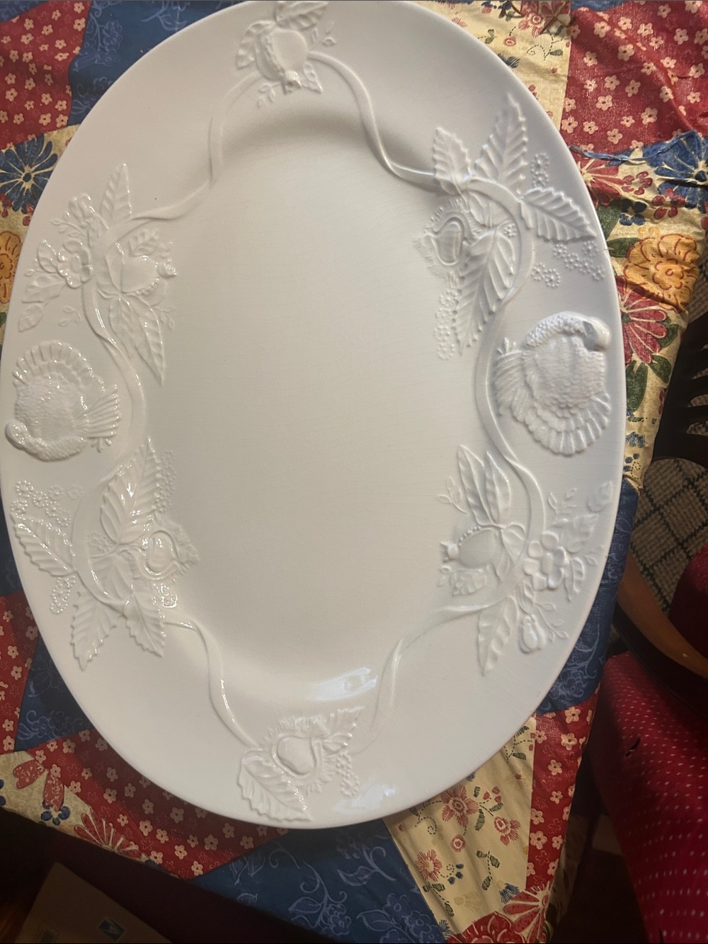 White Embossed Floral & Bird Oval Serving Platter